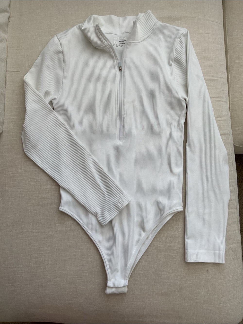 White Ribbed Long-Sleeve Zip Front Bodysuit